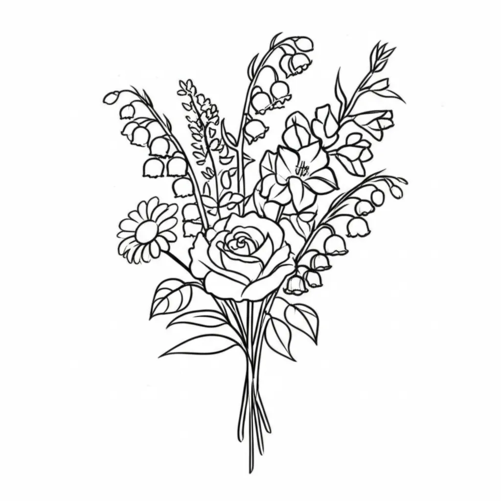Minimalist Flower Bouquet Tattoo Design: Violet, Daisy, Lily, Rose, Gladiolus Minimalist Flower Bouquet Tattoo Design: Violet, Daisy, Lily, Rose, Gladiolus