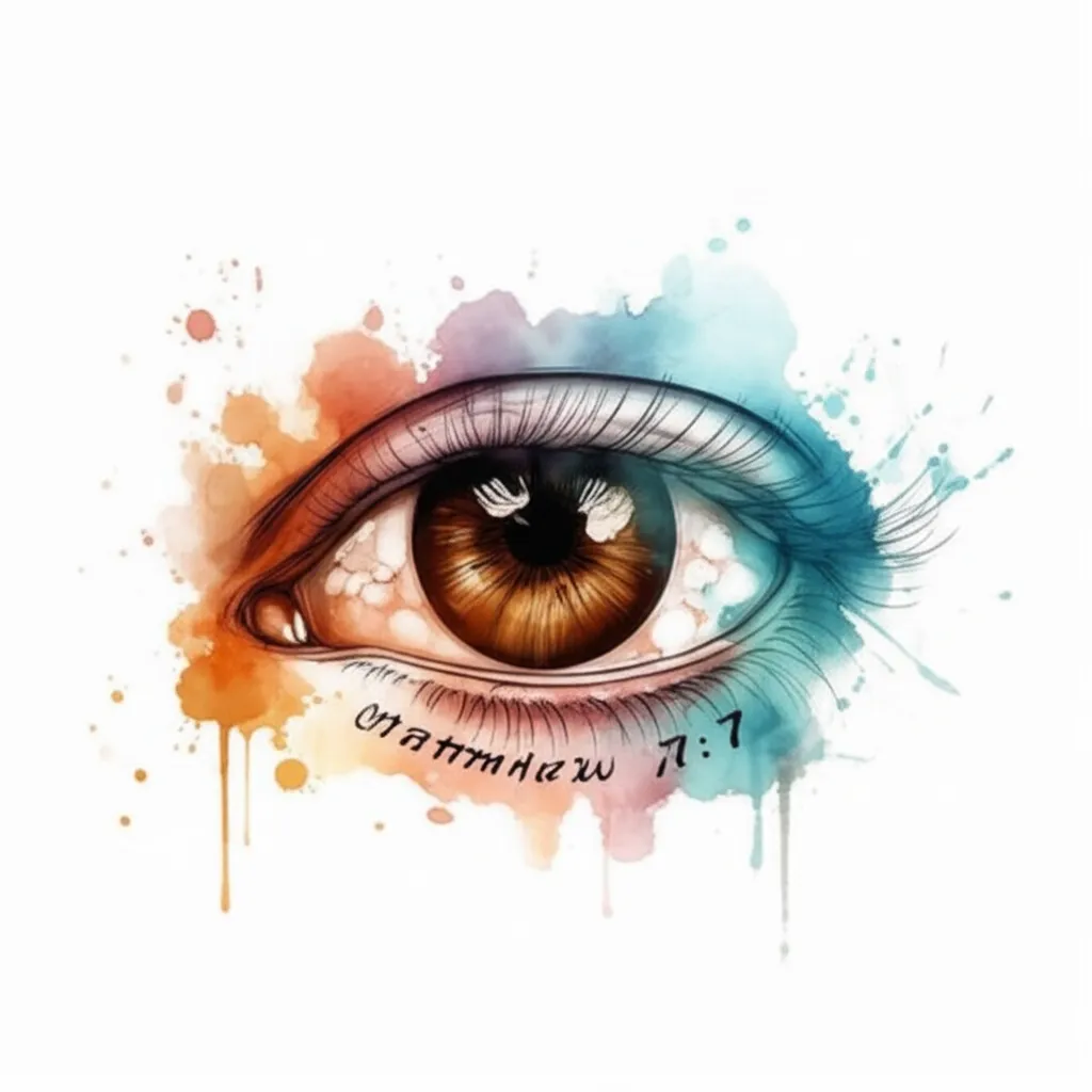 Watercolor Eye Tattoo with Matthew 7:7 Verse on Forearm