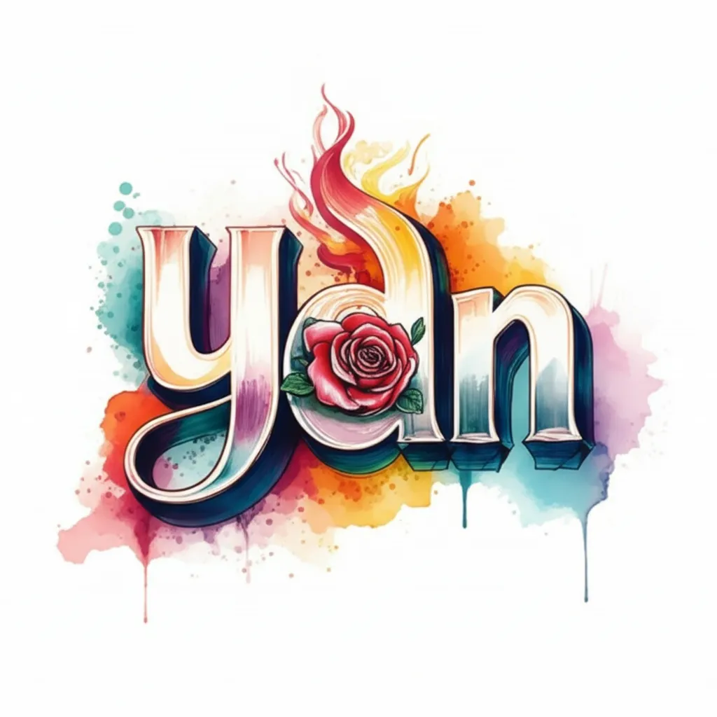Ydn 3D Lettering Watercolor Tattoo with Rose and Flames Ydn 3D Lettering Watercolor Tattoo with Rose and Flames