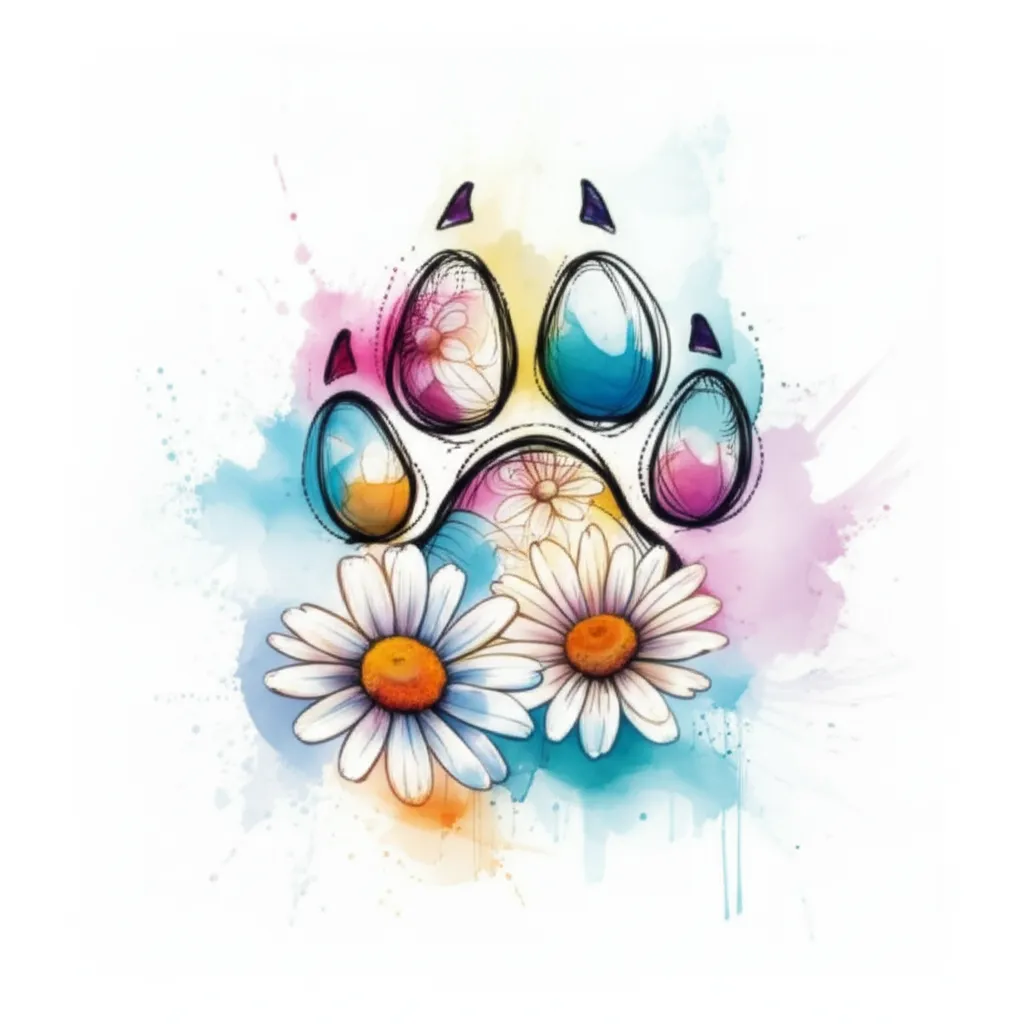 Watercolor Paw Print with Daisies Tattoo Design