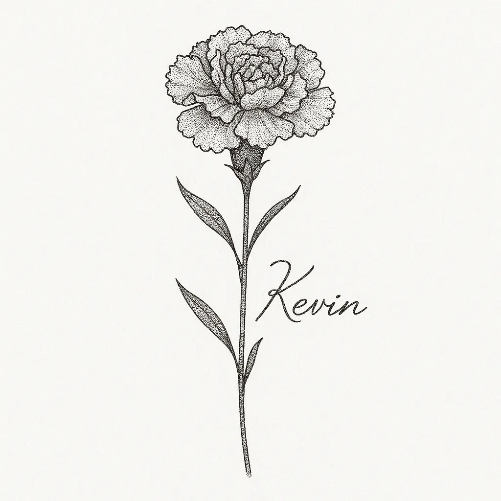 Carnation Flower Tattoo with 'Kevin' Name - Fine Line Style Carnation Flower Tattoo with 'Kevin' Name - Fine Line Style