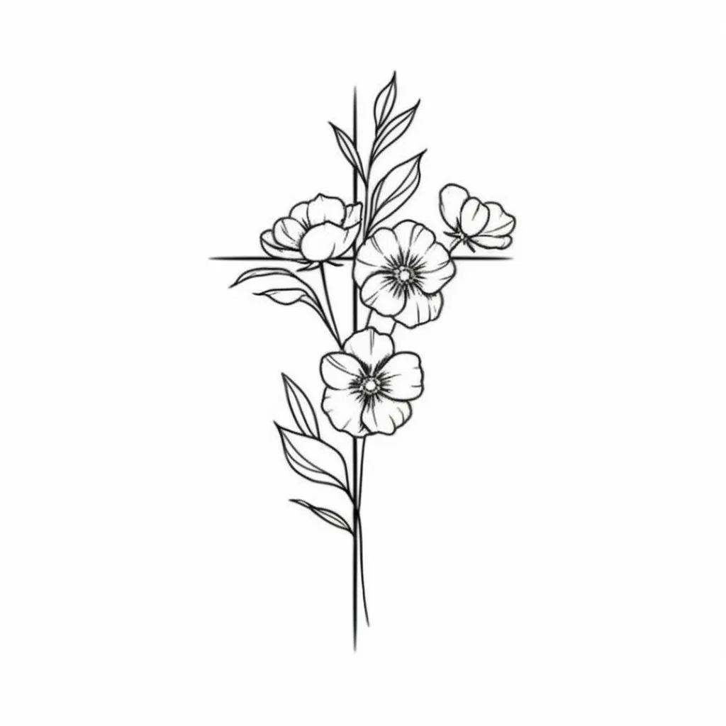 Minimalist Cross Tattoo with Western Flowers Design Minimalist Cross Tattoo with Western Flowers Design