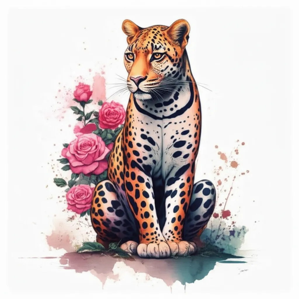 Watercolor Leopard Tattoo with Pink Roses - Unique Design Watercolor Leopard Tattoo with Pink Roses - Unique Design