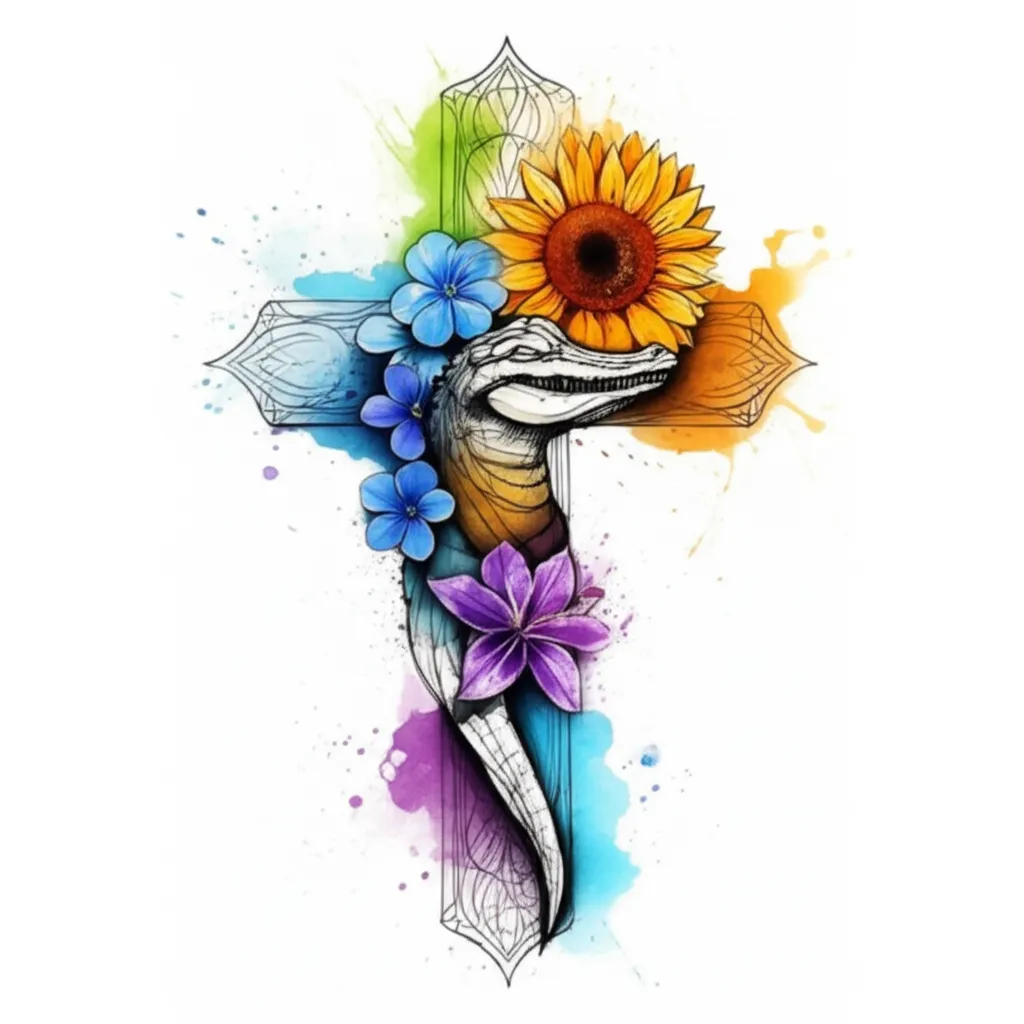 Watercolor Cross with Alligator and Flowers Tattoo Design Watercolor Cross with Alligator and Flowers Tattoo Design