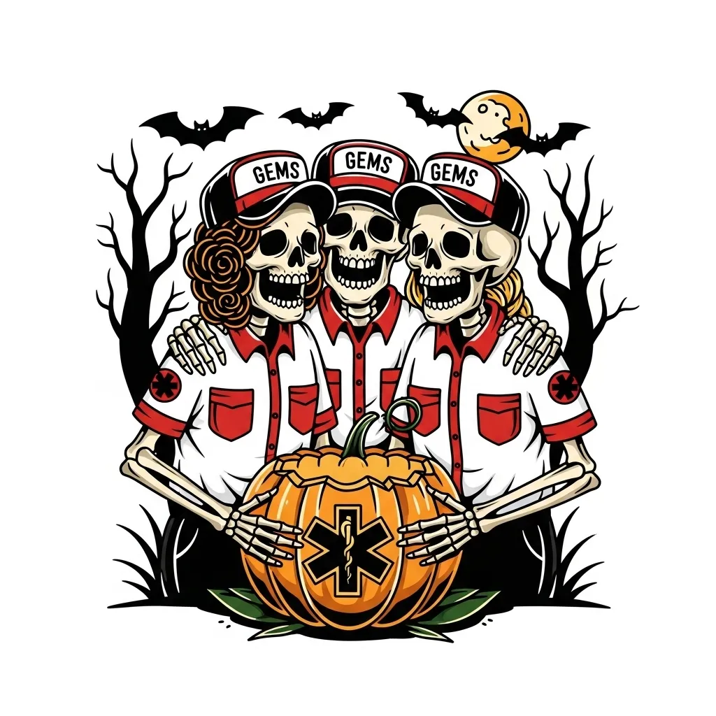 Old School Tattoo: Skeleton Paramedics Carving Halloween Pumpkin Old School Tattoo: Skeleton Paramedics Carving Halloween Pumpkin