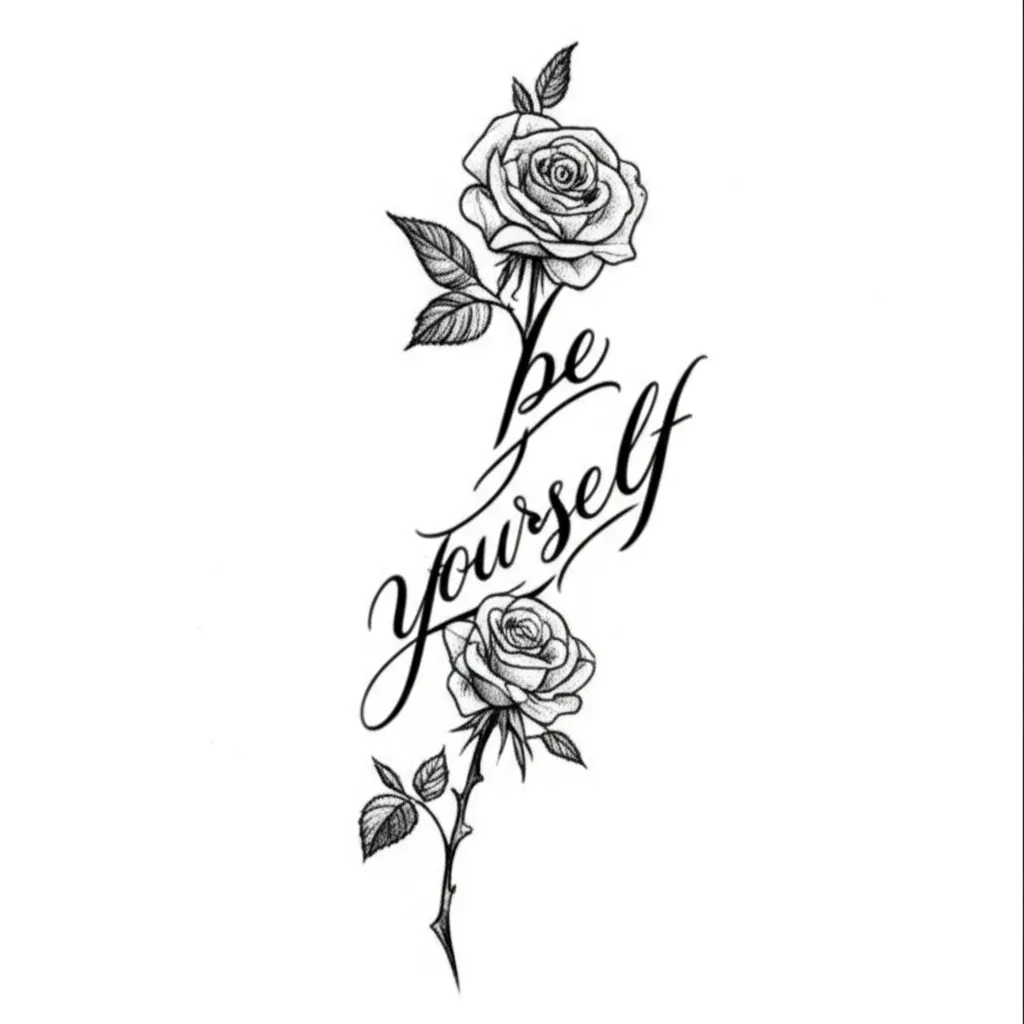 Spine Tattoo with Roses and 'Be Yourself' Design - Fine Line Style