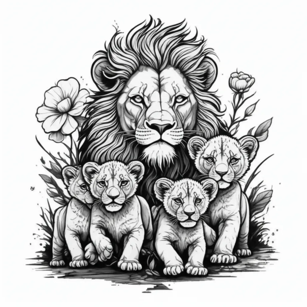 Graffiti Lioness Tattoo with Cubs and Flowers - Unique Design Graffiti Lioness Tattoo with Cubs and Flowers - Unique Design