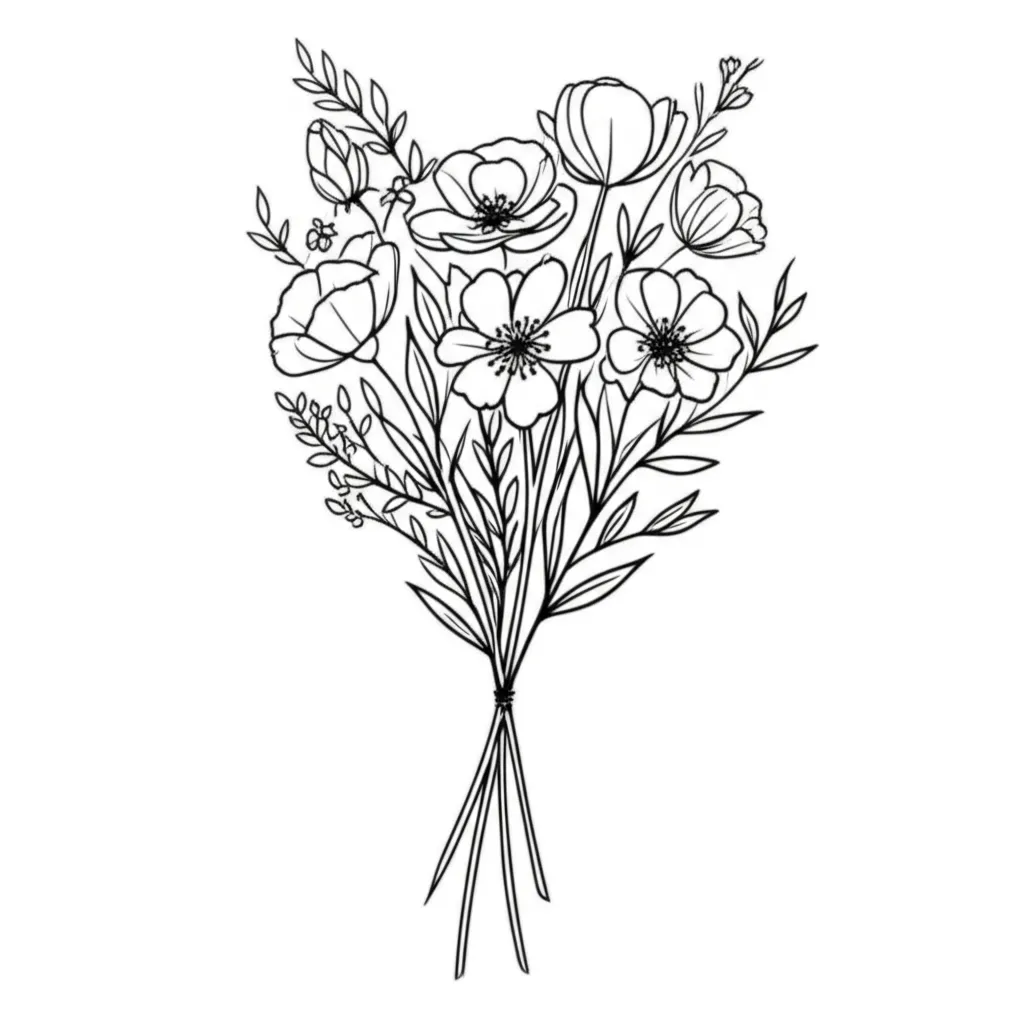 Minimalist Birth Flower Bouquet Tattoo: August, October, November, June, July, March