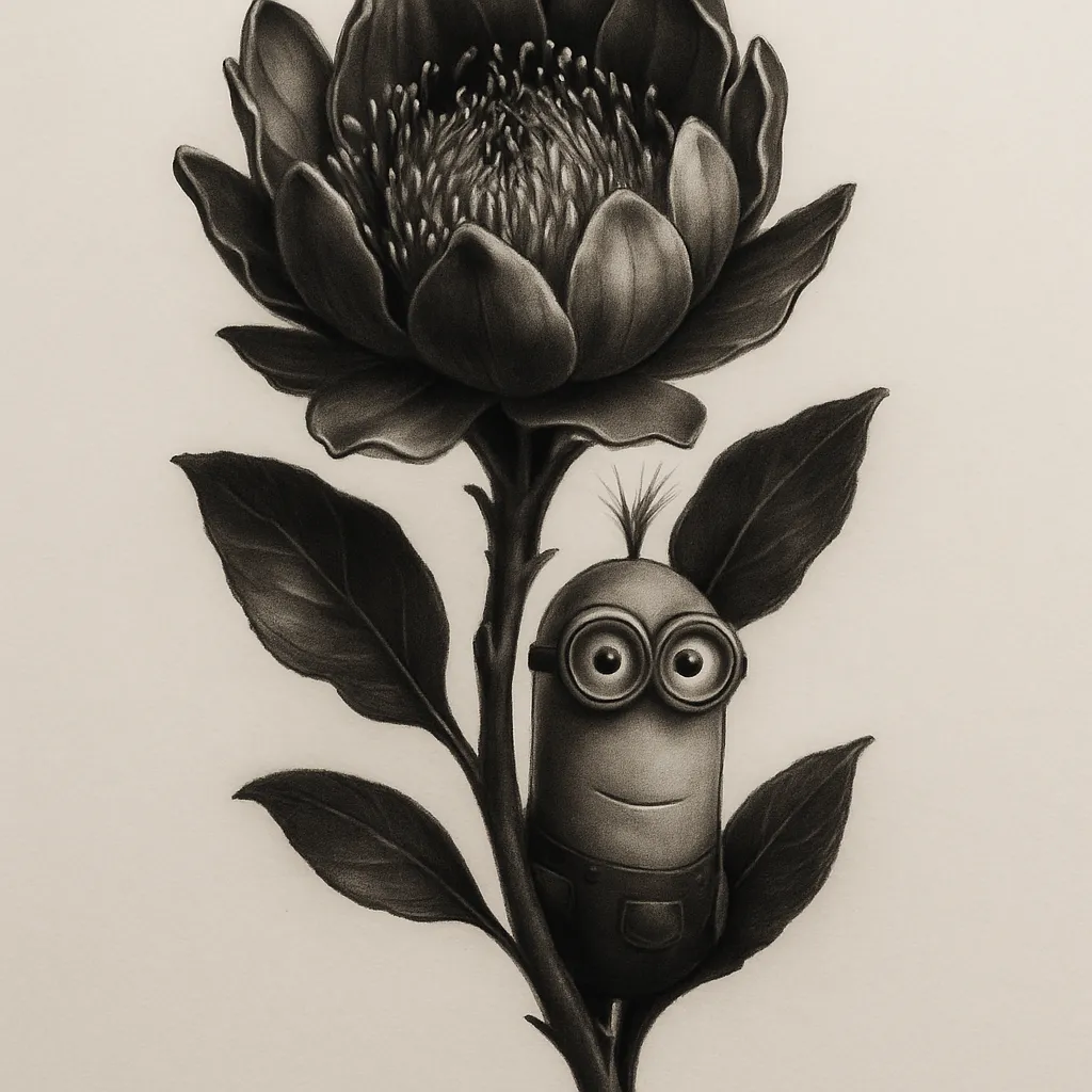 Coronation Flower Tattoo with Kevin the Minion - Realism Style
