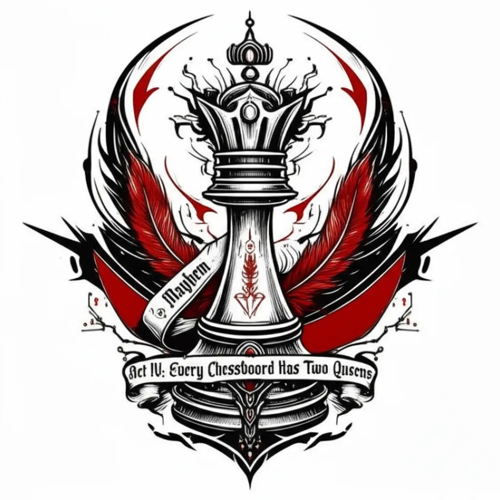 Cyber Sigilism Queen Chess Piece Tattoo with Red Feather and Gothic Text