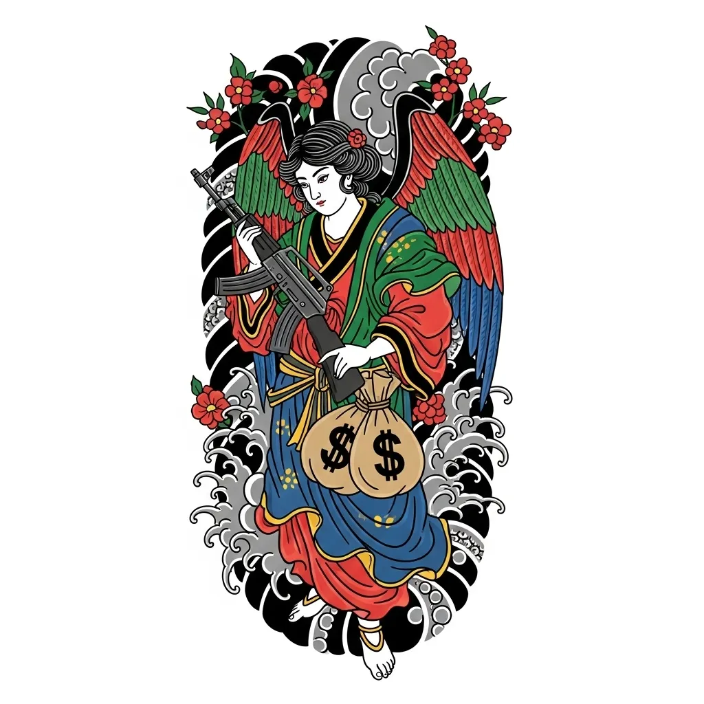 Japanese Traditional Angel with AK-47 and Money Bags Tattoo
