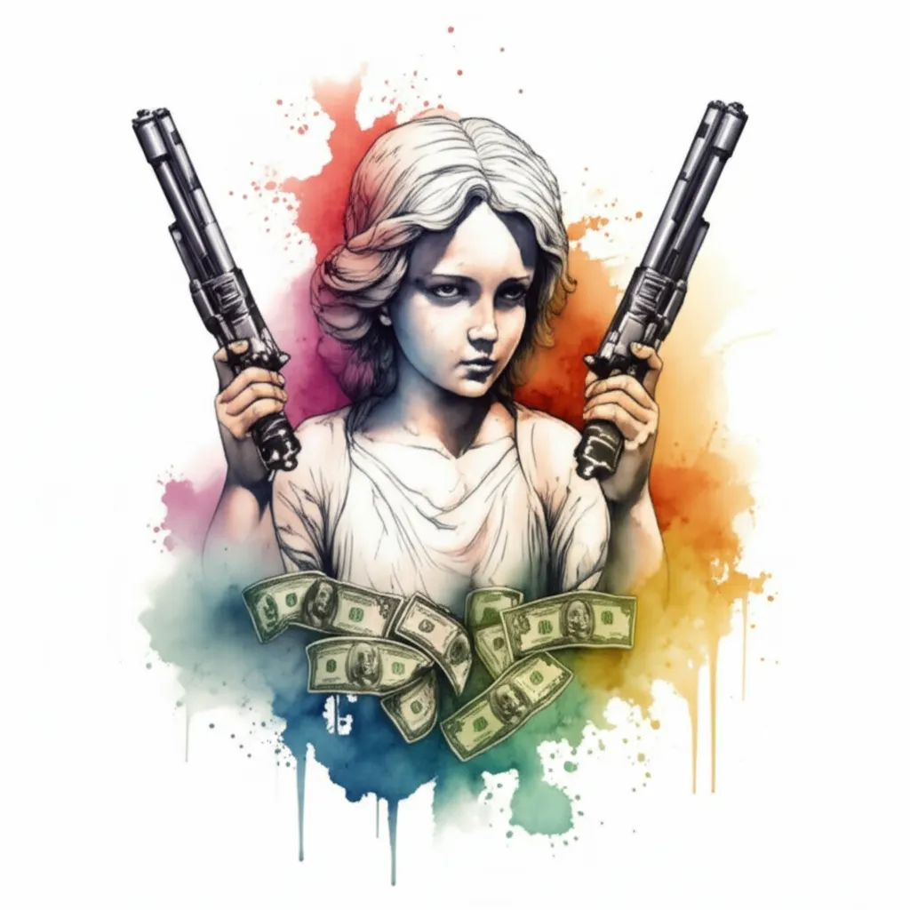 Angel with Guns and Money Watercolor Tattoo Design Angel with Guns and Money Watercolor Tattoo Design