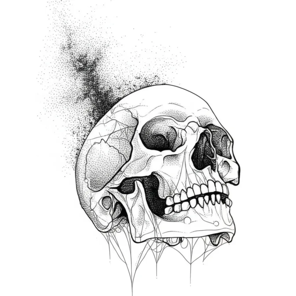 Minimalist Melting Skull with Stars and Spiderweb Tattoo Design
