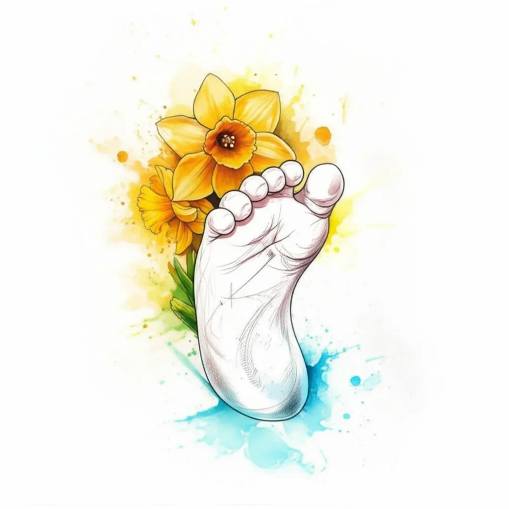 Watercolor Baby Foot with Daffodil Flowers Tattoo Design