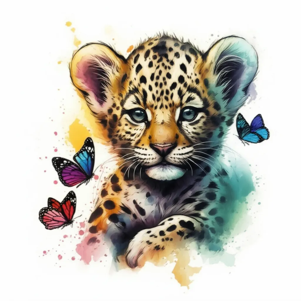 Playful Leopard Cub with Butterflies Watercolor Tattoo Playful Leopard Cub with Butterflies Watercolor Tattoo