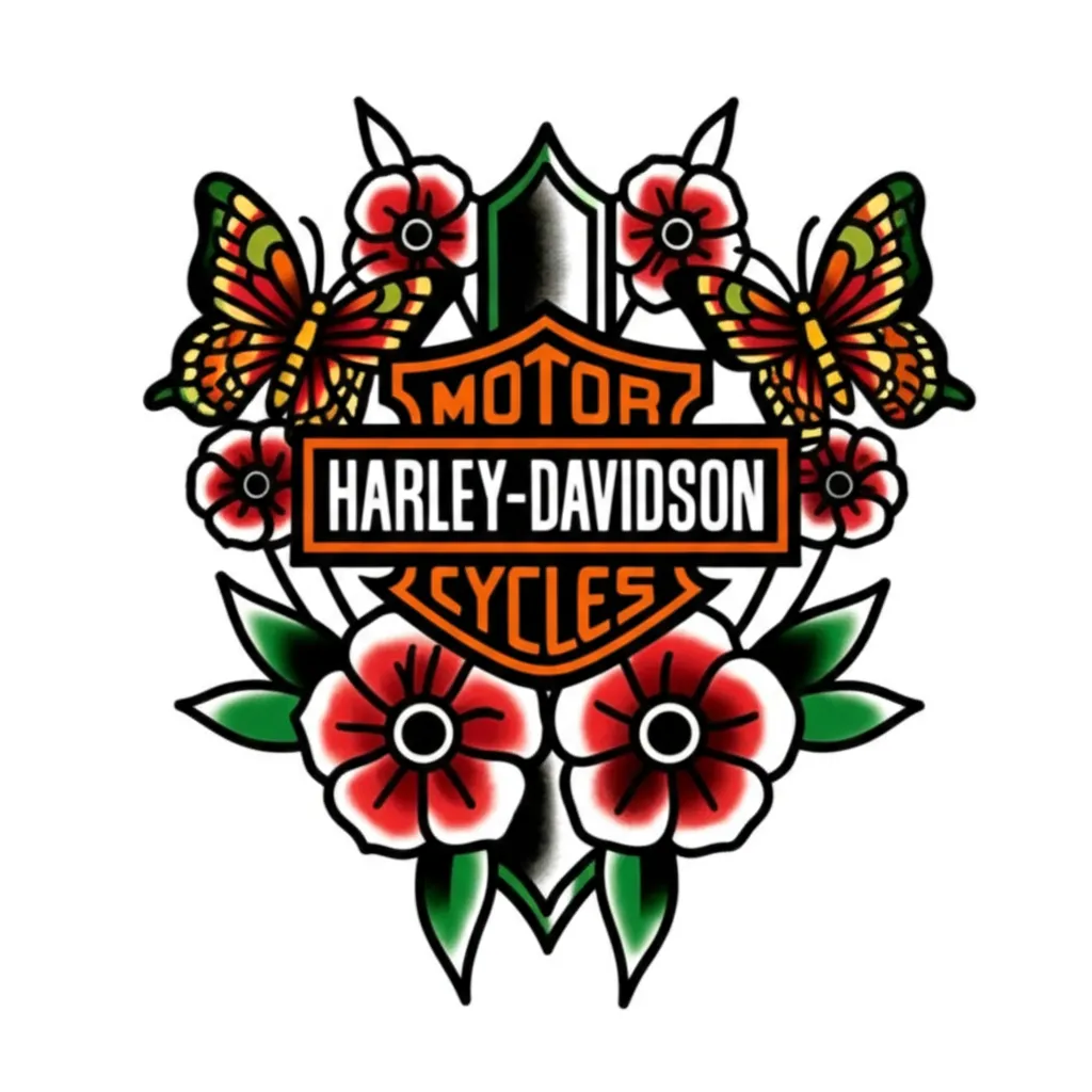 Harley Davidson Butterfly Cross Tattoo with October & May Flowers - American Traditional Harley Davidson Butterfly Cross Tattoo with October & May Flowers - American Traditional