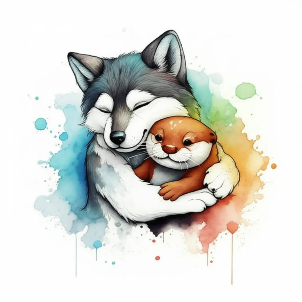 Cute Wolf and Otter Hugging Watercolor Tattoo Design