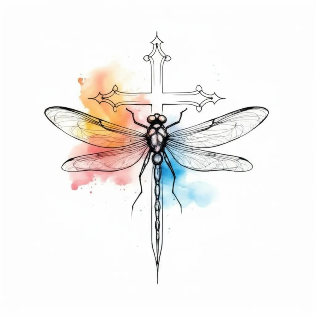 Watercolor Dragonfly and Cross Tattoo Design Watercolor Dragonfly and Cross Tattoo Design