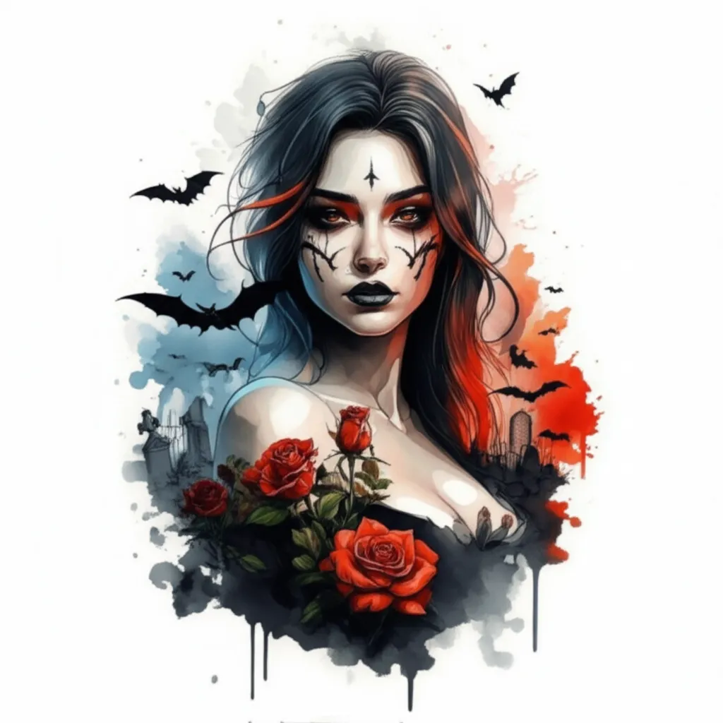 Dark Triad Woman Tattoo with Rose Farm and Bats in Watercolor Style