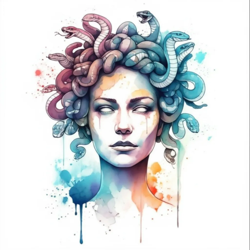 Watercolor Medusa Tattoo with Snakes and Soulless Eyes Watercolor Medusa Tattoo with Snakes and Soulless Eyes