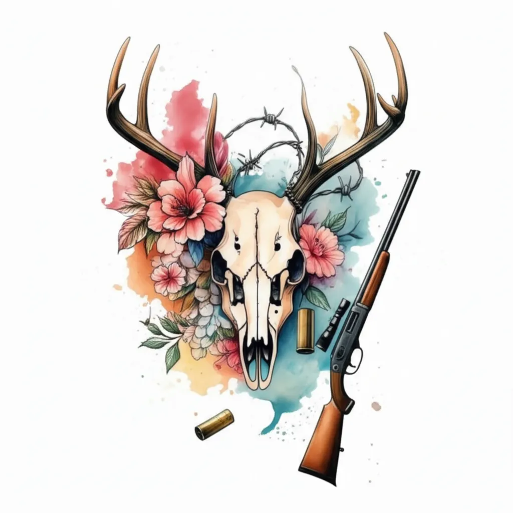 Watercolor Deer Skull Tattoo with Flowers and Shotgun Shells