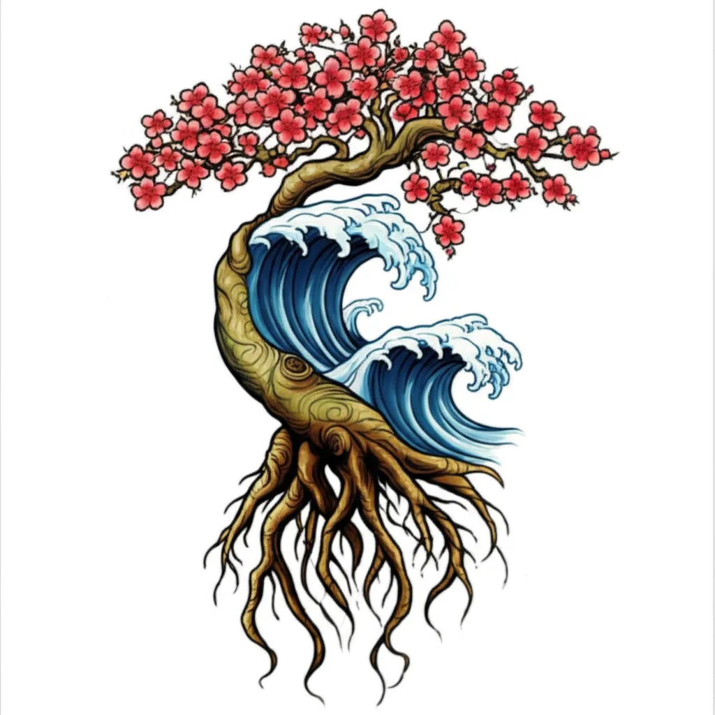 Neo-Traditional Roots to Cherry Blossom Tree with Wave Tattoo Neo-Traditional Roots to Cherry Blossom Tree with Wave Tattoo