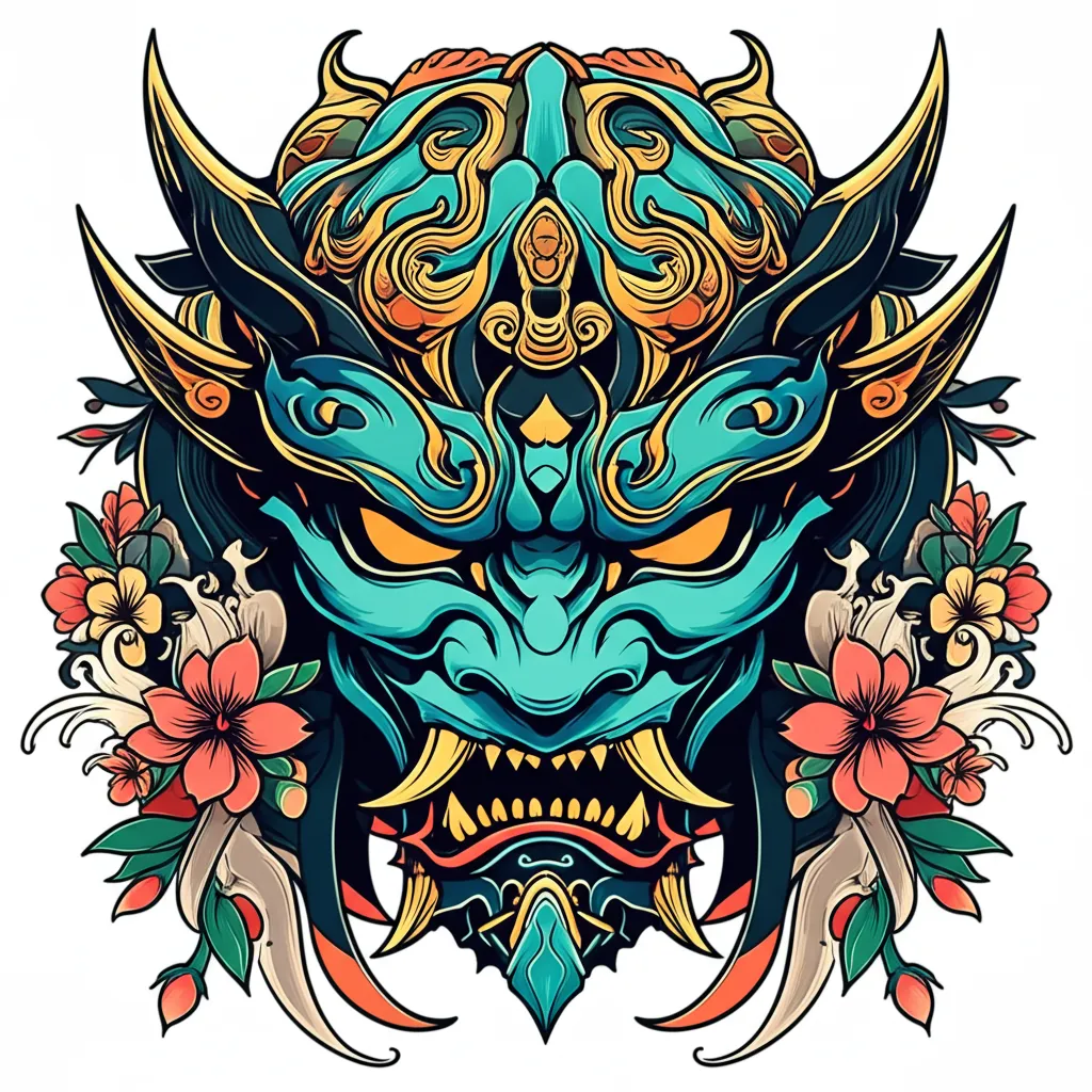Demonic Samurai Mask Tattoo: Japanese Traditional Style Demonic Samurai Mask Tattoo: Japanese Traditional Style