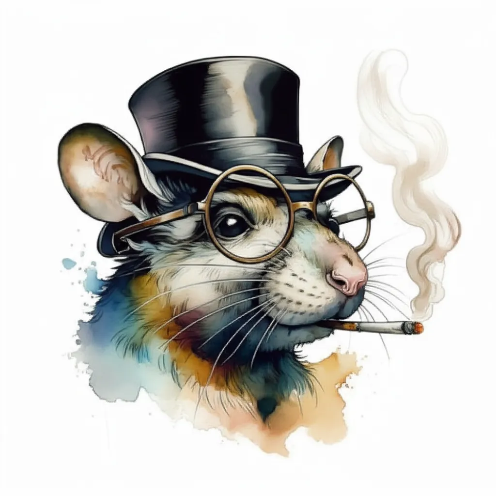 Watercolor Rat Tattoo with Top Hat and Glasses - Unique Design