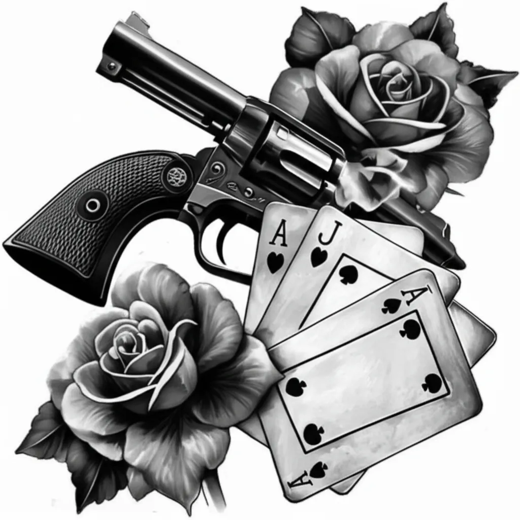 Realism Old Western Tattoo with Cards, Flowers, and Revolver Realism Old Western Tattoo with Cards, Flowers, and Revolver