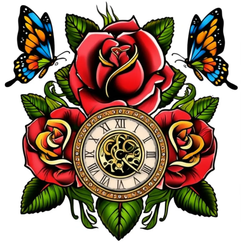 Neo-Traditional Rose, Heart Clock & Butterfly Tattoo Design Neo-Traditional Rose, Heart Clock & Butterfly Tattoo Design