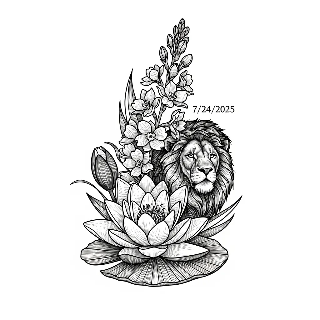 Illustrative Lion with Water Lilly and Larkspur Tattoo