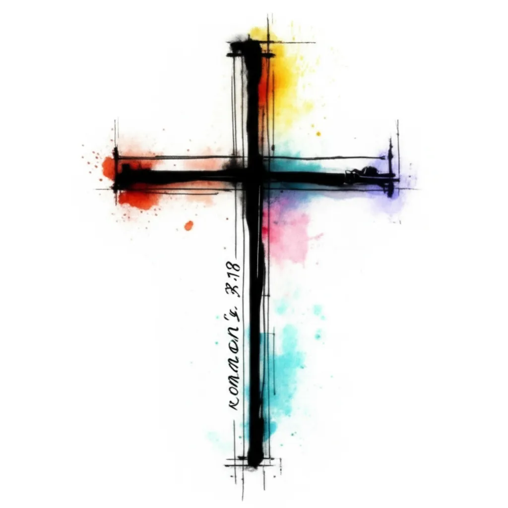 Watercolor Cross Tattoo with Romans 8:18 Scripture