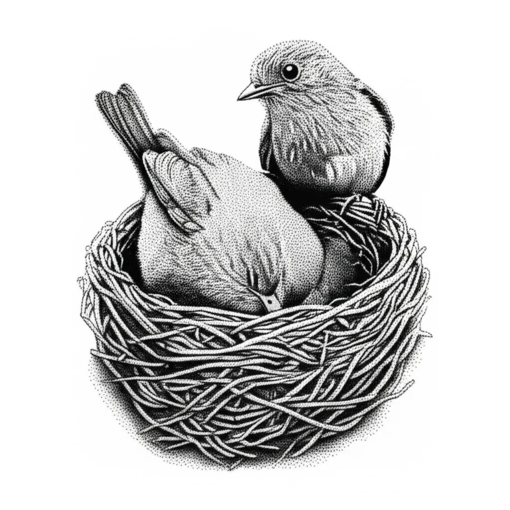 Two Robins on a Nest Dotwork Tattoo Design Two Robins on a Nest Dotwork Tattoo Design