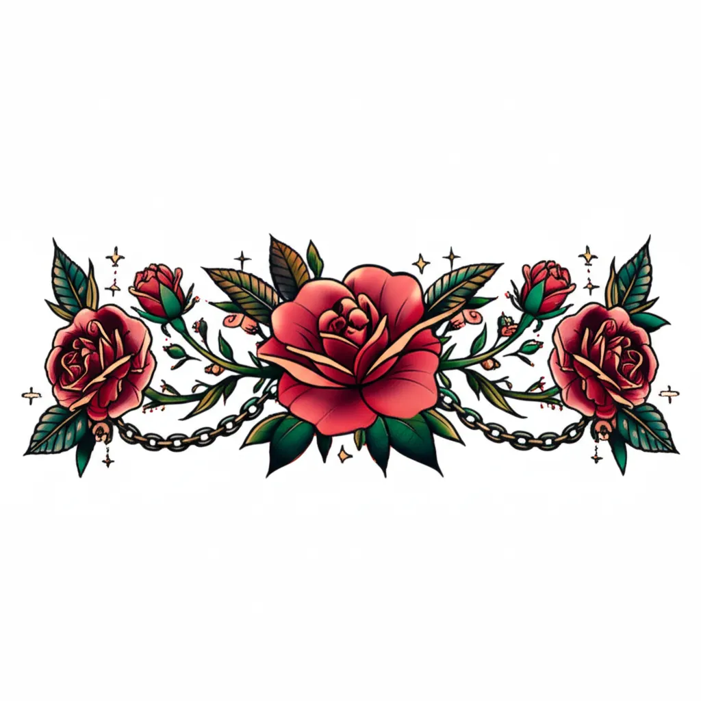Neo Traditional Waistline Tattoo with Flowers, Vines, Chain and Stars
