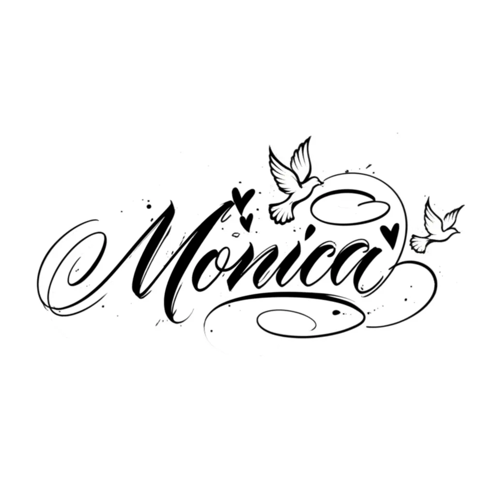 Elegant Calligraphy Tattoo of Monica with Flying Doves and Hearts