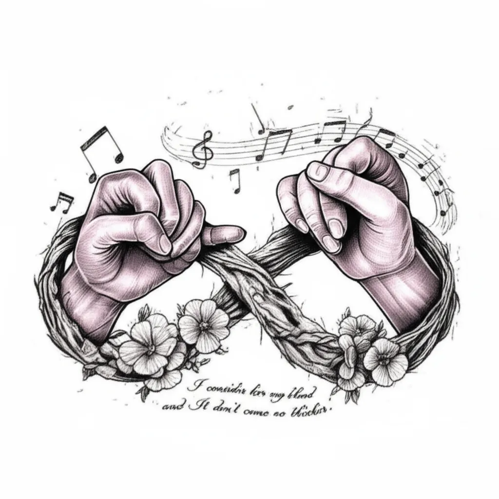 Pinky Promise Tattoo with Flowers, Music Notes & Infinity Symbol Pinky Promise Tattoo with Flowers, Music Notes & Infinity Symbol