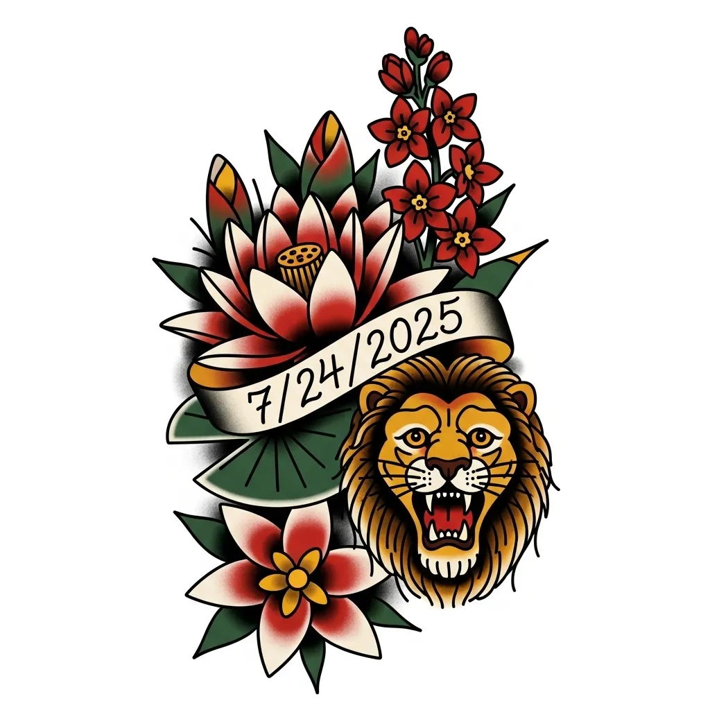 American Traditional Lion and Water Lilly Tattoo with Date Banner
