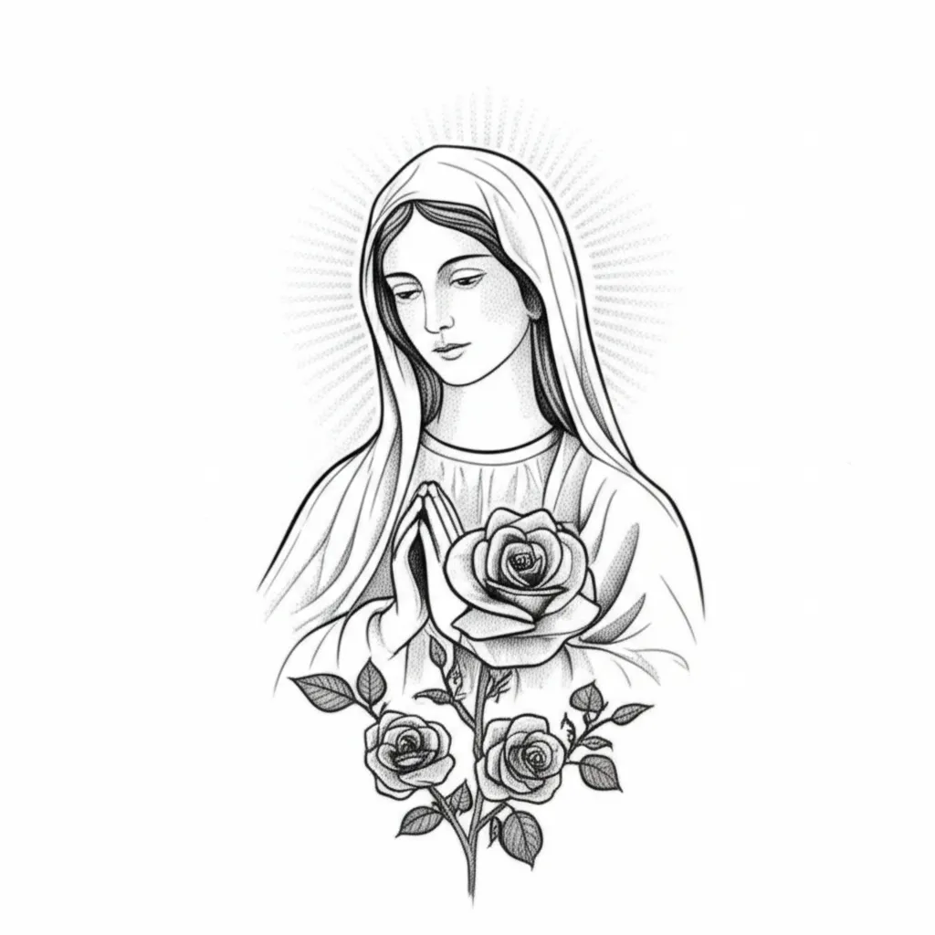 Virgin Mary Fine Line Tattoo with Roses and Sunlight