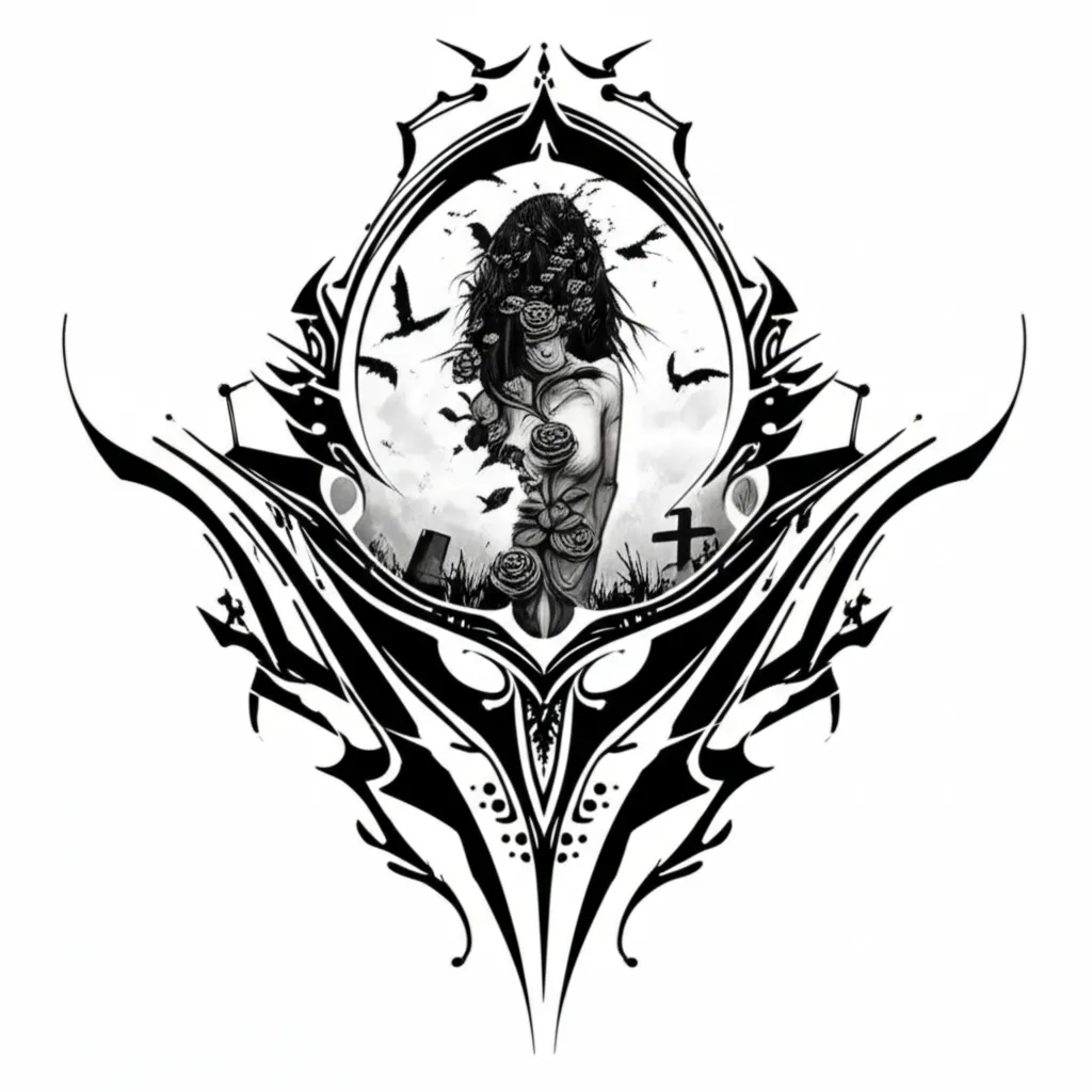 Dark Triad Cyber Sigilism Sleeve Tattoo Featuring Faceless Woman in Graveyard with Roses and Bats