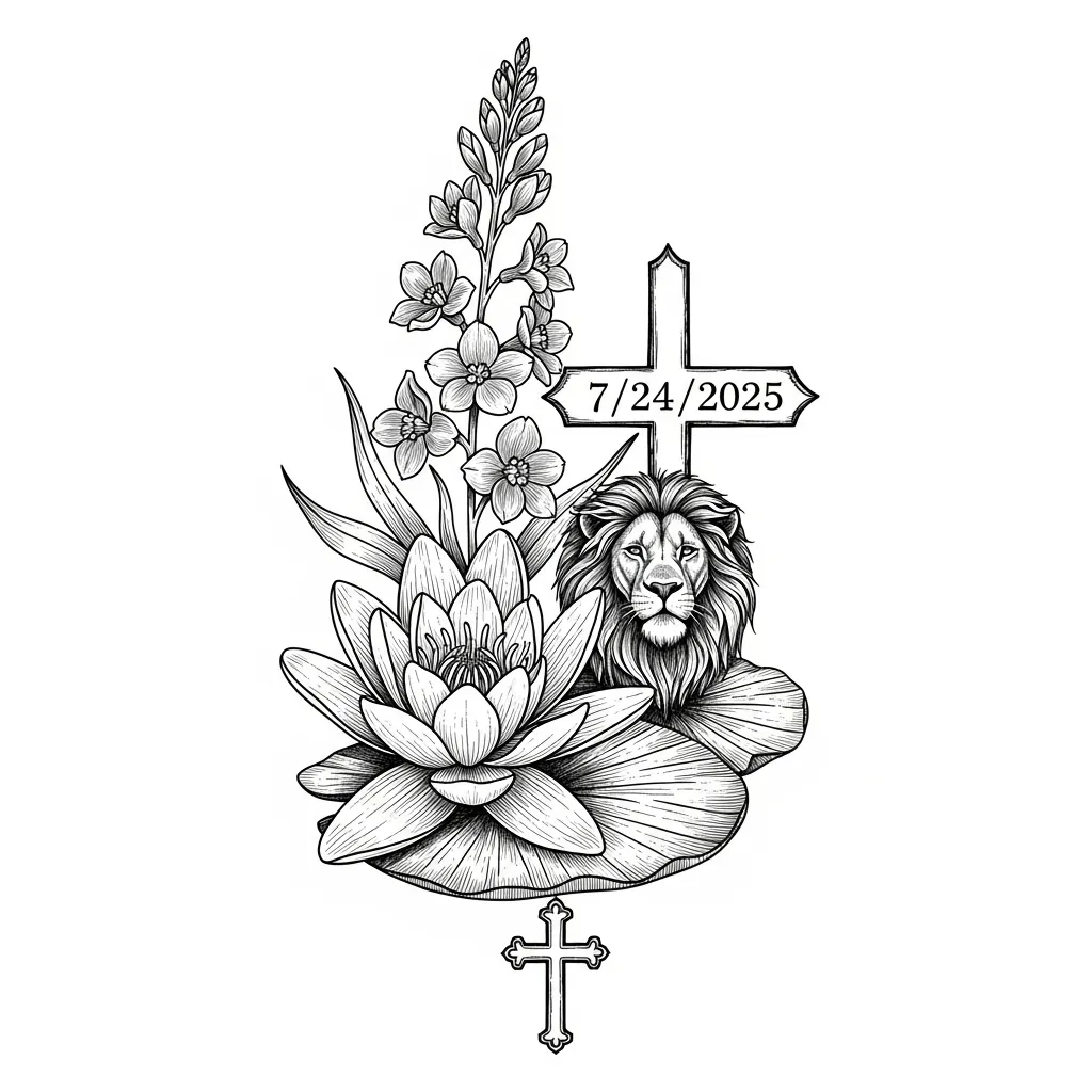 Illustrative Tattoo of Water Lily, Larkspur, Lion and Cross with Date