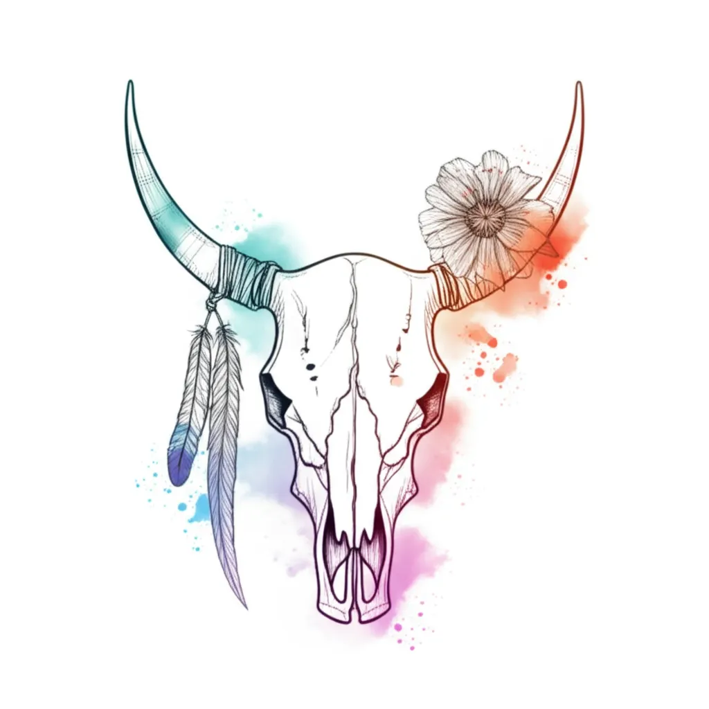 Watercolor Bull Skull Tattoo with Feather and December Flower Watercolor Bull Skull Tattoo with Feather and December Flower