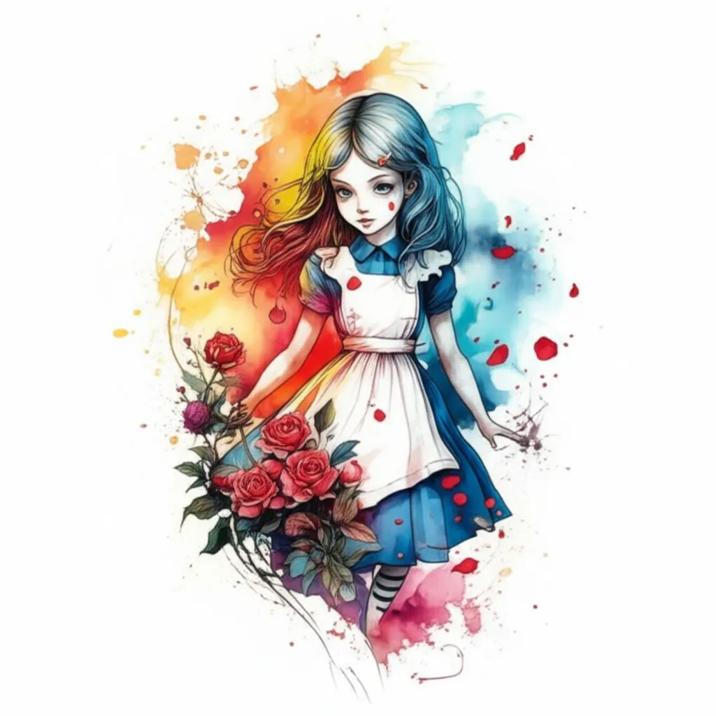 Gothic Alice in Wonderland Watercolor Tattoo with Decaying Roses Gothic Alice in Wonderland Watercolor Tattoo with Decaying Roses