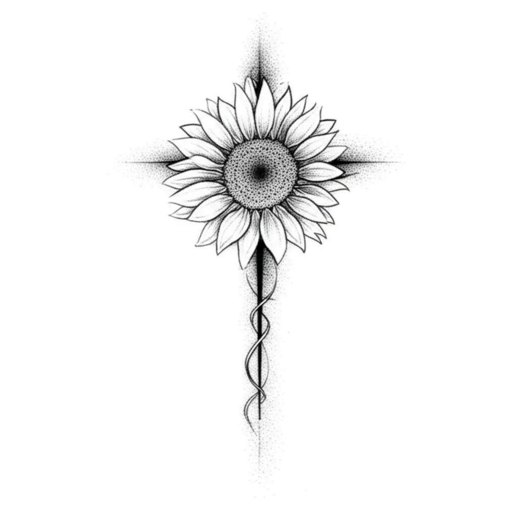 Fine Line Cross with Sunflower Tattoo Idea Fine Line Cross with Sunflower Tattoo Idea