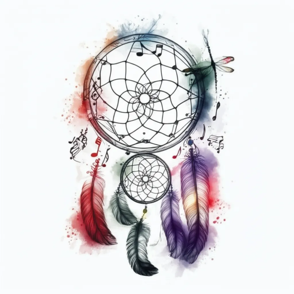 Watercolor Dreamcatcher Tattoo with Dragonfly, Butterfly, and Music Notes Watercolor Dreamcatcher Tattoo with Dragonfly, Butterfly, and Music Notes