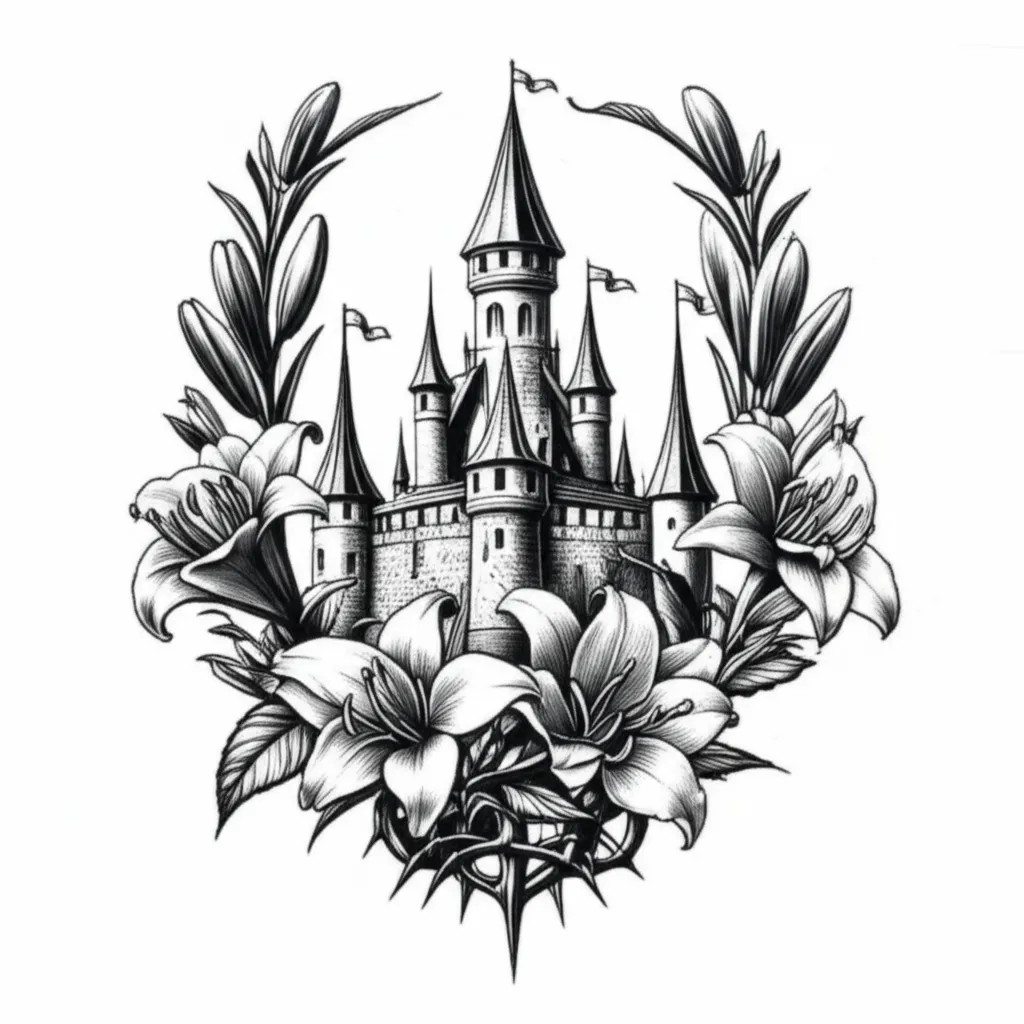 Medieval Castle Tattoo Surrounded by Lily Flowers and Thorns in Illustrative Style