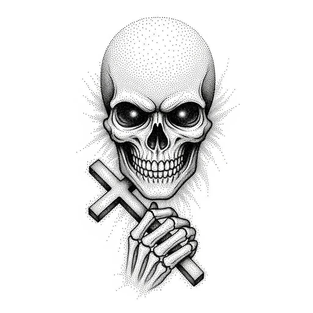 Evil Skeleton Face Holding a Cross Dotwork Tattoo Design