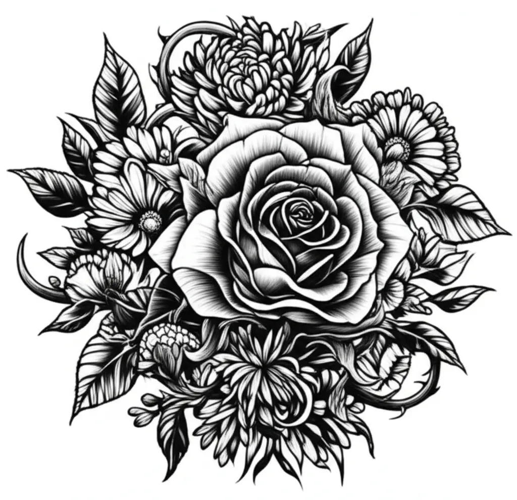 Illustrative Floral Bouquet Tattoo Design: Roses, Daisies, and Chrysanthemums Illustrative Floral Bouquet Tattoo Design: Roses, Daisies, and Chrysanthemums