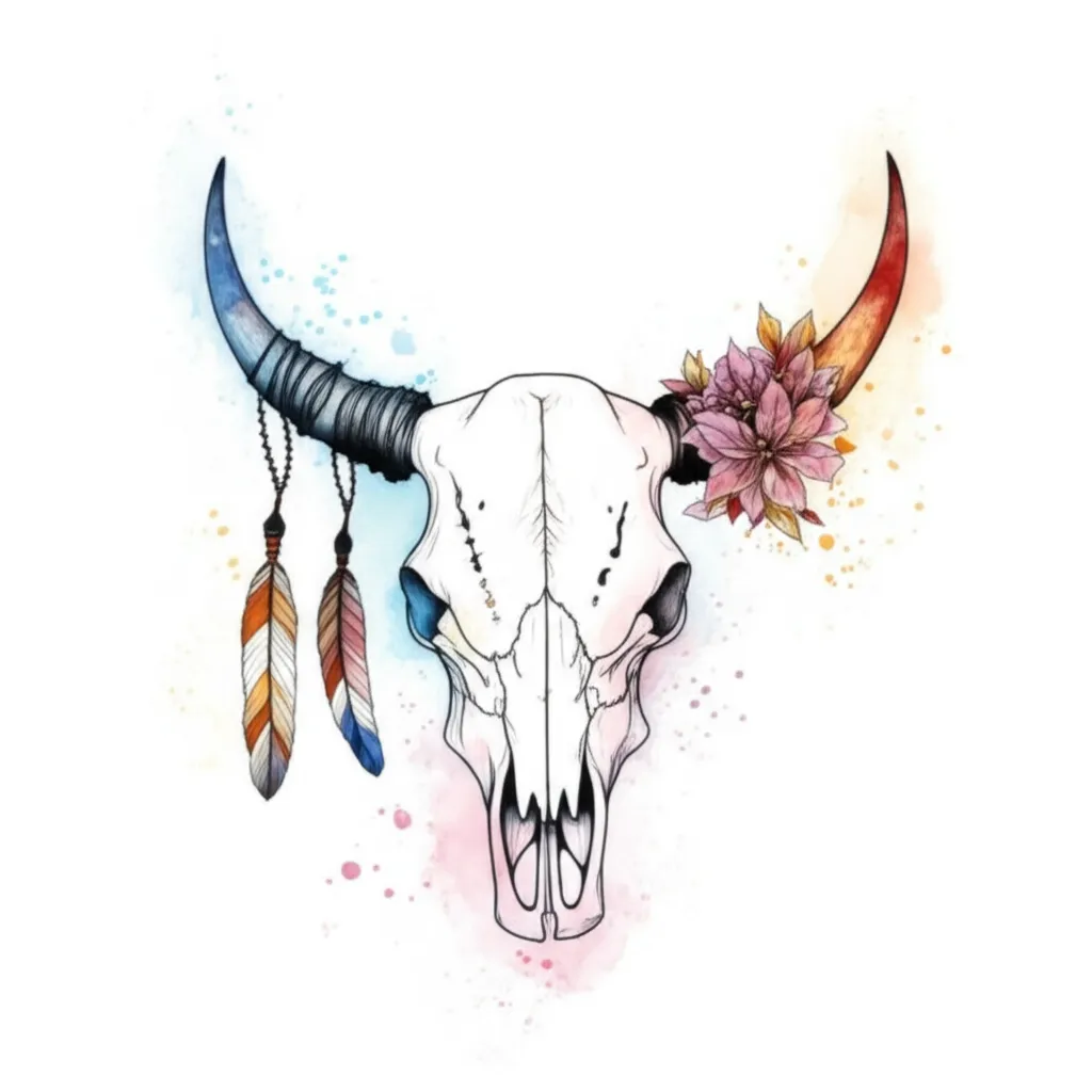 Fine Line Bull Skull Tattoo with Feather and December Flower Fine Line Bull Skull Tattoo with Feather and December Flower
