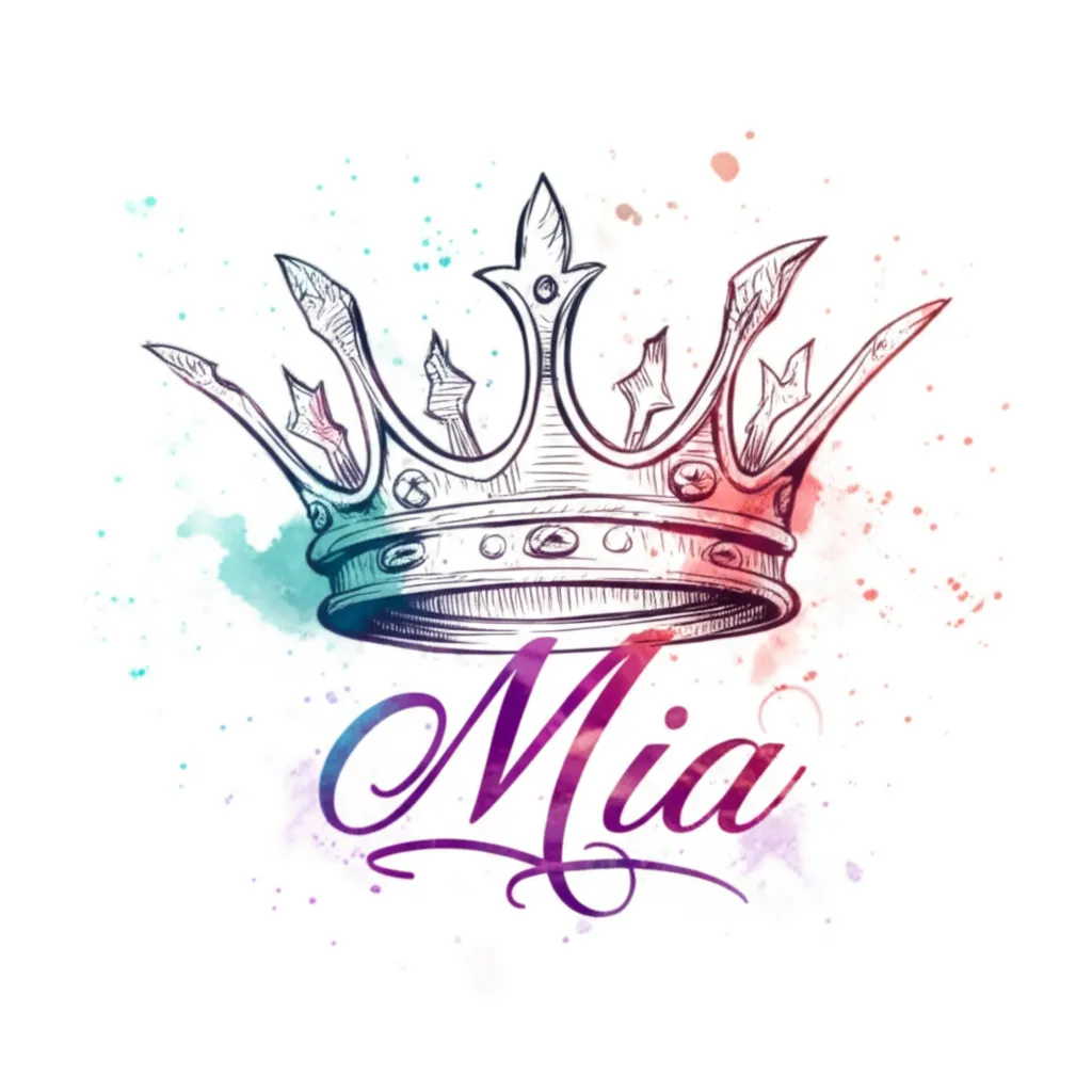 Watercolor Queen Crown Tattoo with Name Mia - Elegant Custom Design