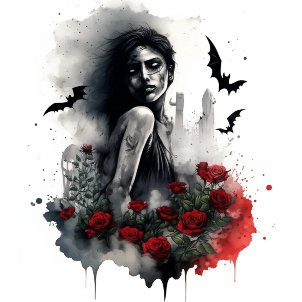 Dark Triad Watercolor Tattoo of Faceless Woman with Roses and Bats